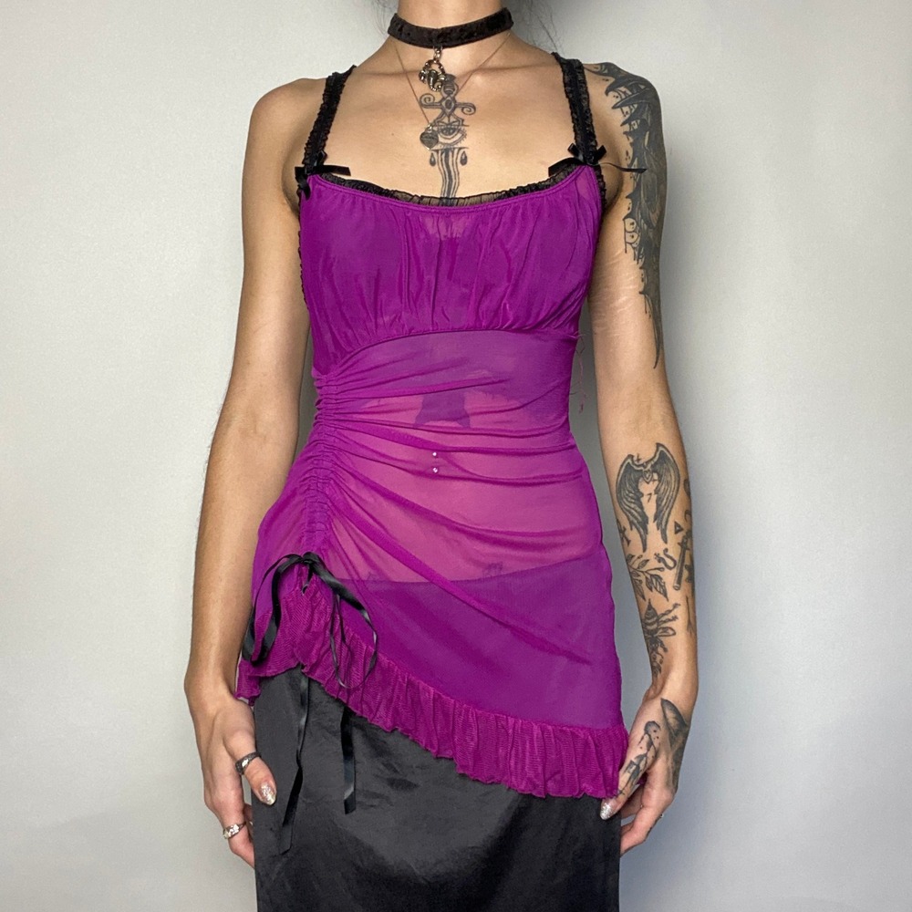 Frederick's of Hollywood Purple Black Sheer Ruched Mesh Chemise Lingerie Size S